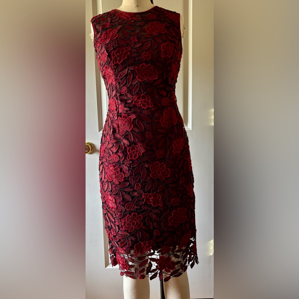 White House Black Market Red and Black Strapless Midi Dress